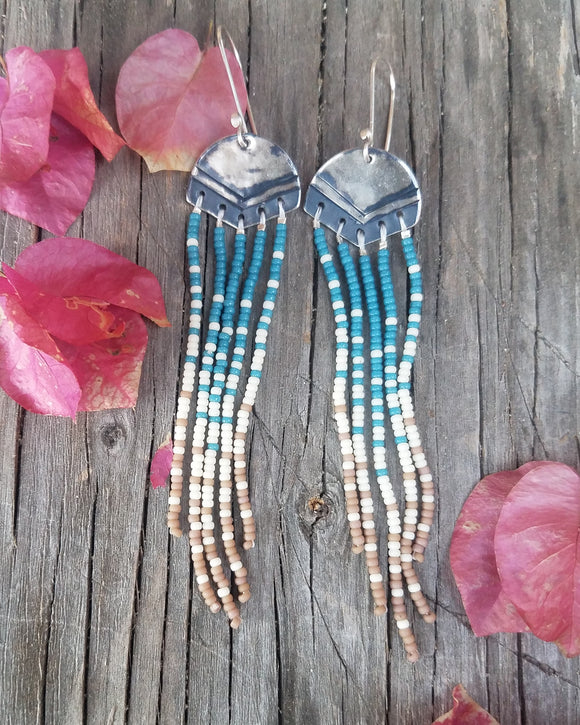 Sterling Silver Seed Bead Dangle Earrings/ Blue
